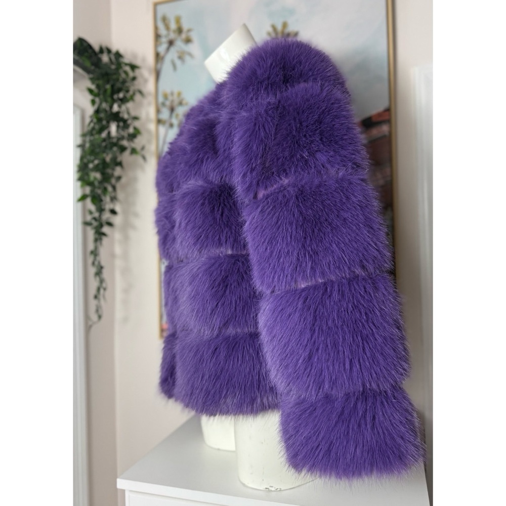 Gini London Purple Faux Fur Coat M/L Cropped Jacket Plush Tiered Lined - Picture 7 of 11